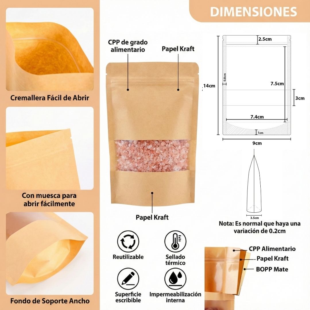 Bolsa Stand Up Pouch Kraft con Ventana 14x9cm Paquete 10 pzas