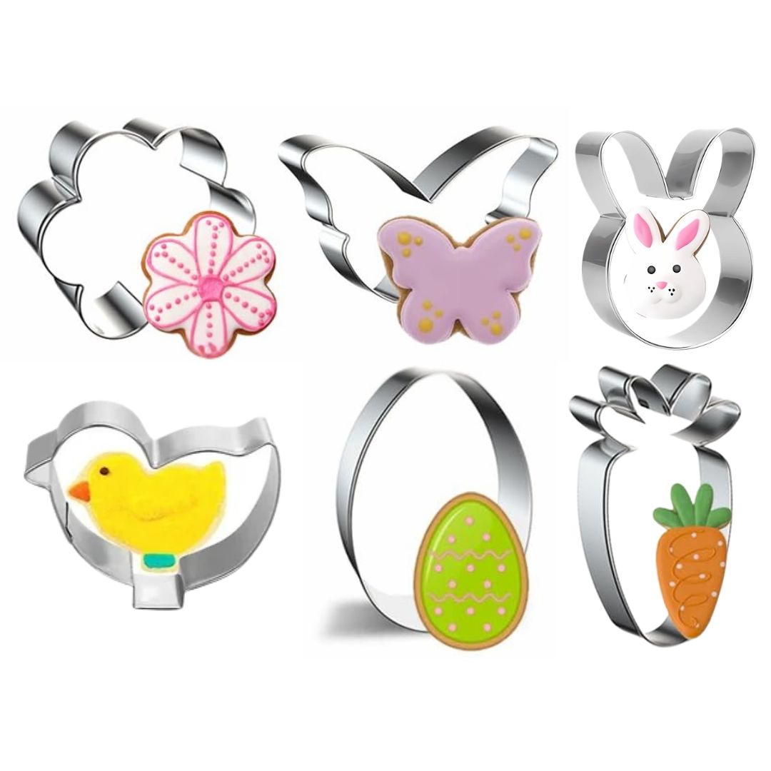 Set Cortadores Pascua 6 Piezas (Conejo, Mariposa, Flor, Zanahoria, Pollito, Huevo)