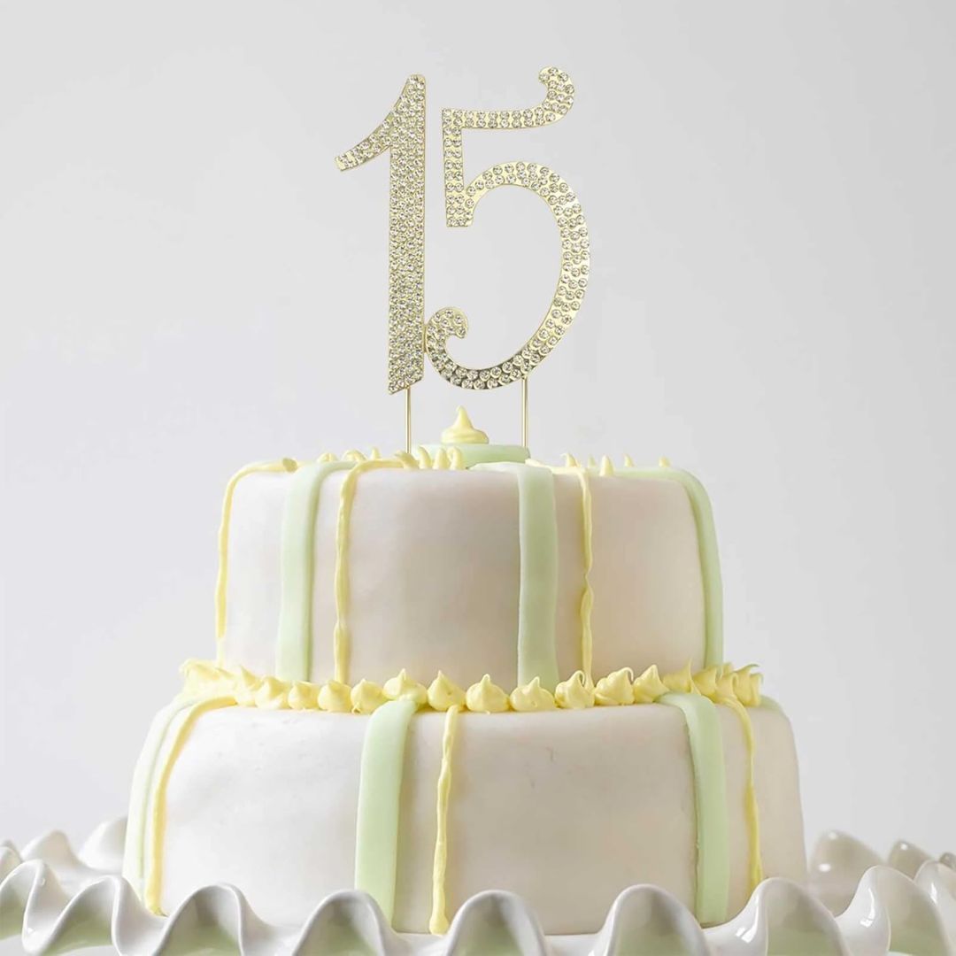 15 Cake Topper 8.5Cm Dorado Con Diamantes Imitacion