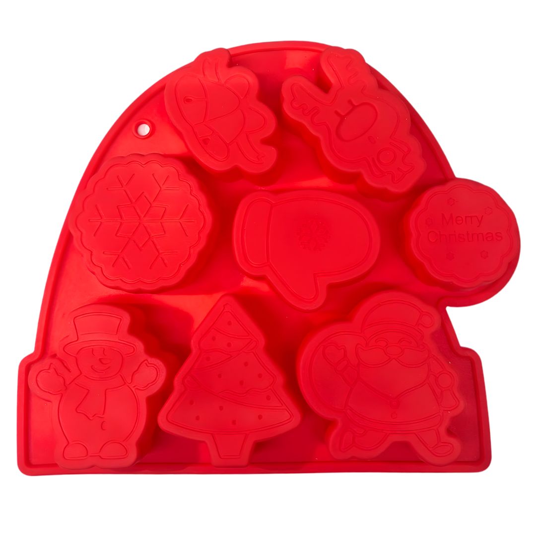 Molde Silicon Navideño 8 Cavidades (Reno, Campana, Guante, Copo, Muñeco Nieve, Arbol, Santa, Merry Xmas)