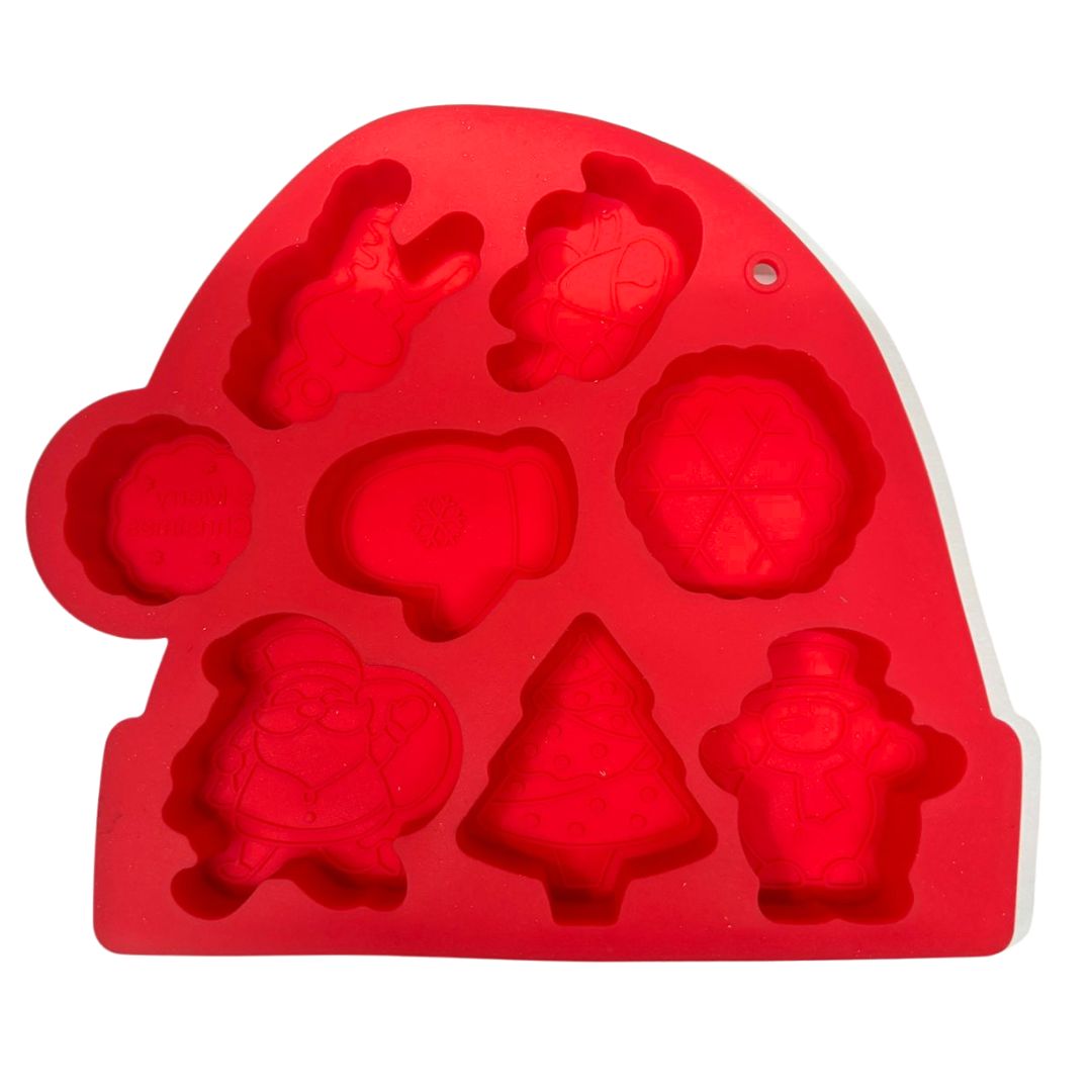 Molde Silicon Navideño 8 Cavidades (Reno, Campana, Guante, Copo, Muñeco Nieve, Arbol, Santa, Merry Xmas)