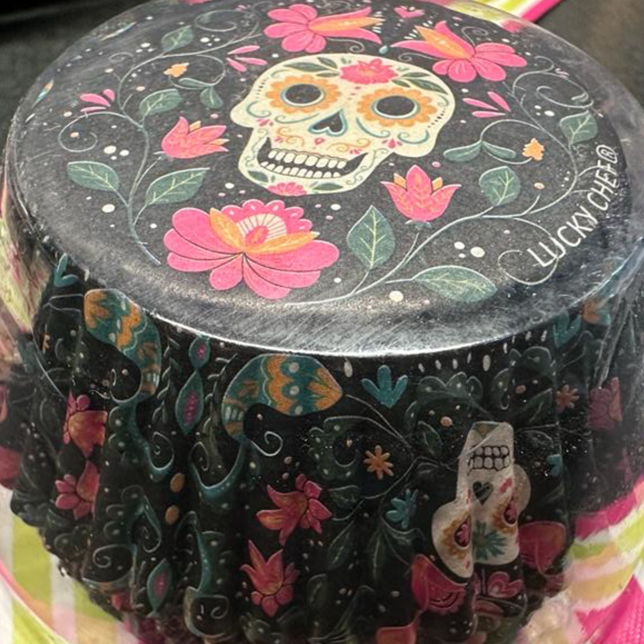 Capacillo Estandar #72 Halloween Negro Calavera Flores Rosas, 100 Piezas