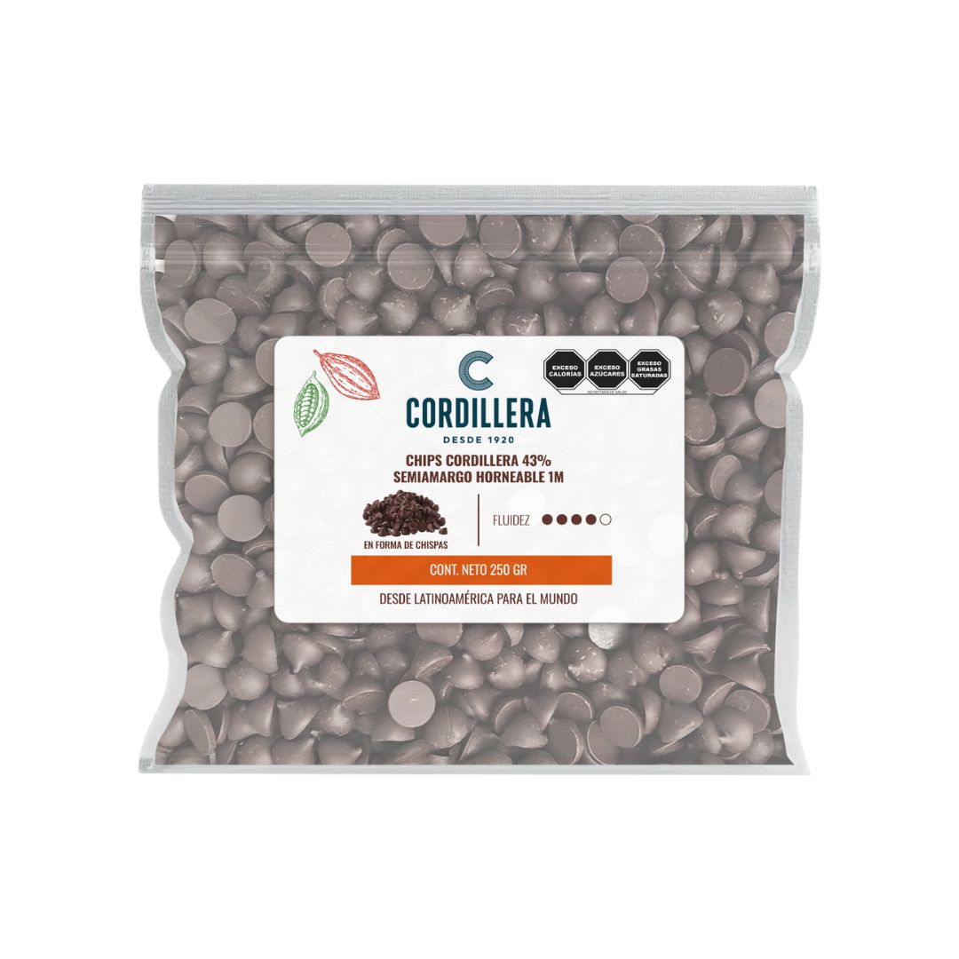 Chips Cordillera 43% Semiamargo Horneable 1M, 250 gr