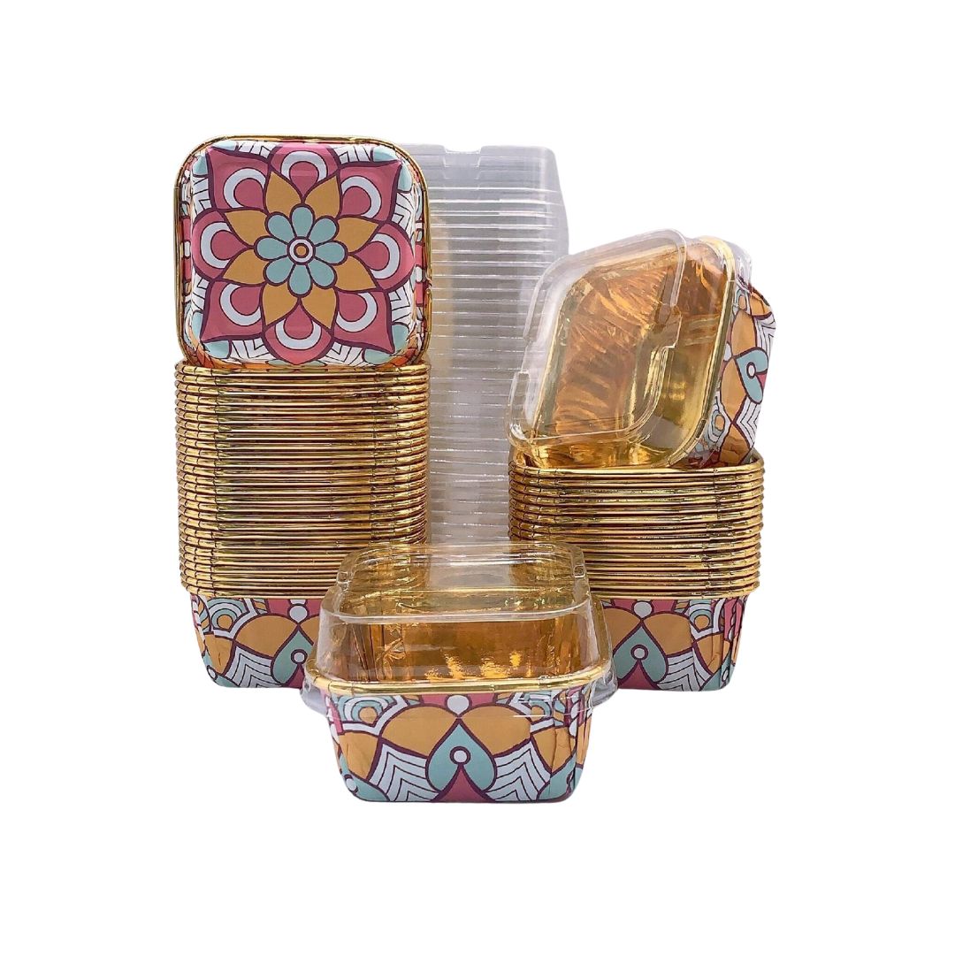 Mini Molde Desechable Estilo Bohemio Con Tapa, Paq. 10 Piezas