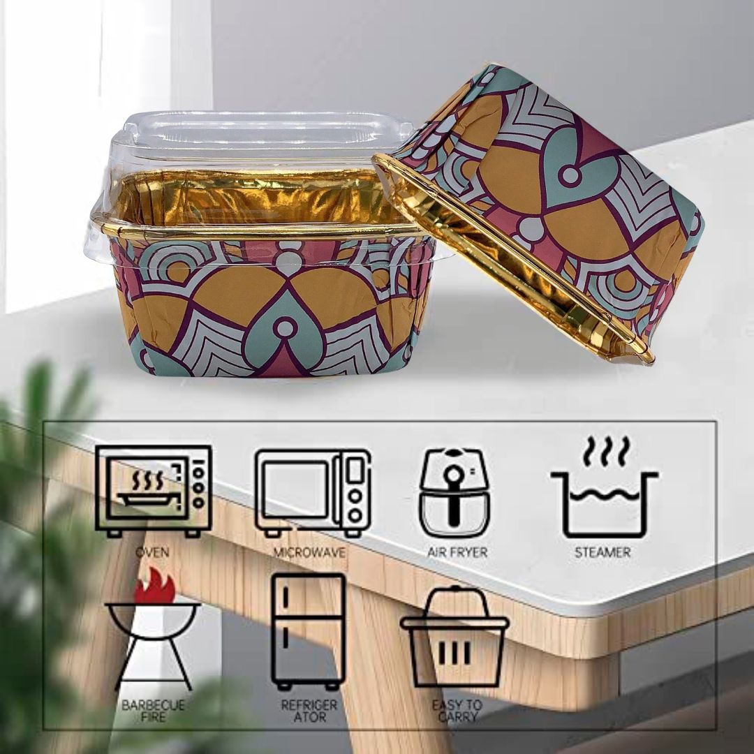 Mini Molde Desechable Estilo Bohemio Con Tapa, Paq. 10 Piezas