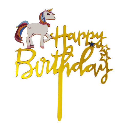 Cake Topper Acrilico "Happy Birthday" Dorado Unicornio