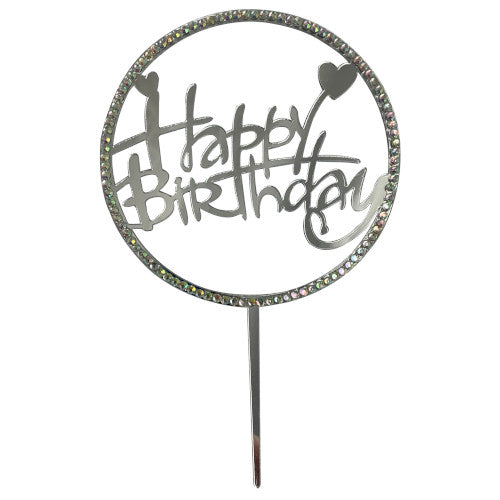 Deco Acrilico Happy Birthday Plata Circulo