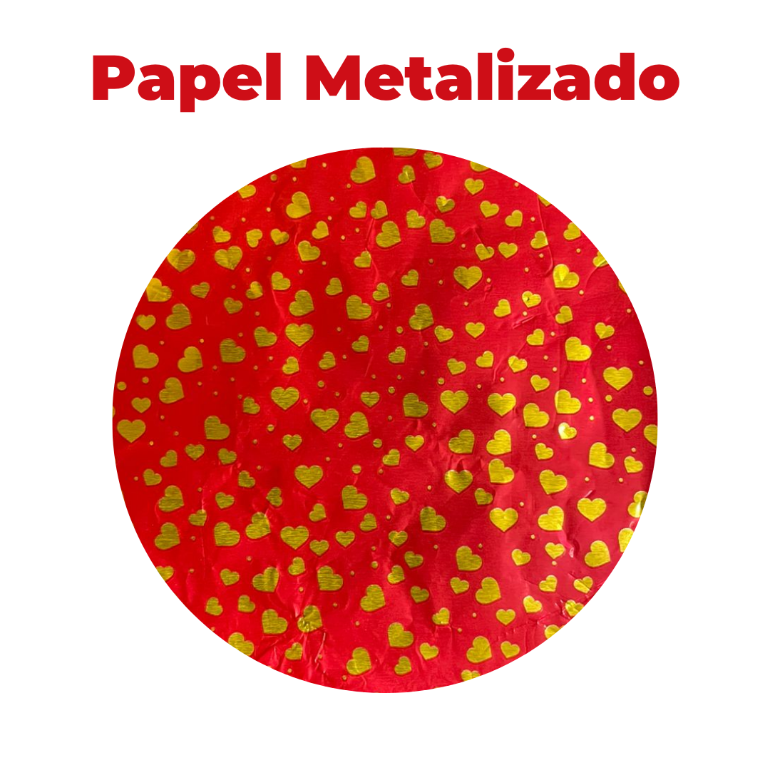 Papel Metal Rojo Corazon Oro 10x10cm, 100 Piezas