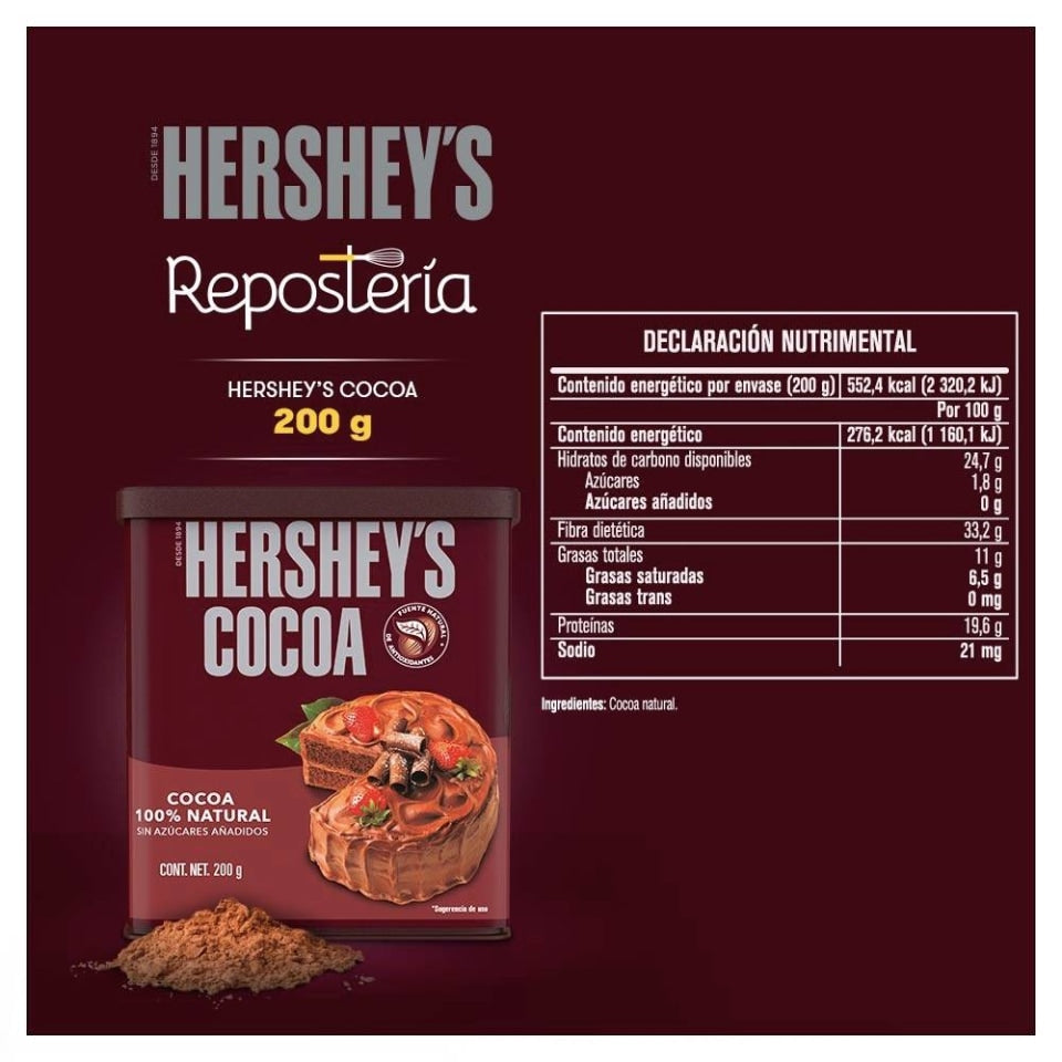 Hershey Contenedor Cocoa 100% Natural S/ Azucar 200Gr