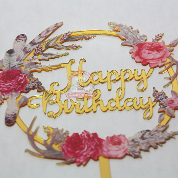 Cake Topper Happy Birthday Flores 100