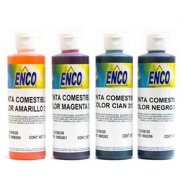Kit Tintas Comestibles Enco (Negro, Magenta, Amarillo, Cian) Bote De 250Ml